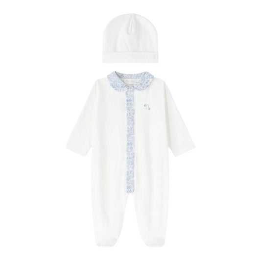 Tutina e cappello bianco in jersey e tessuto Liberty azzurro Nanan