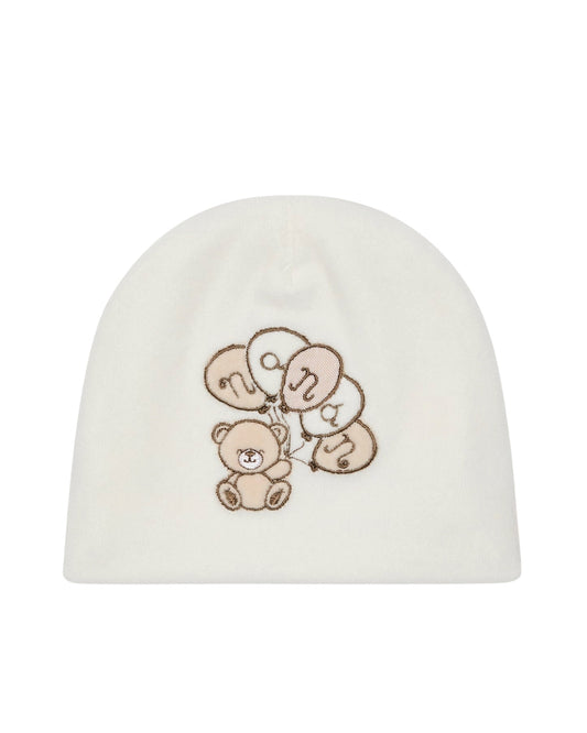Cappello in ciniglia bianco con stampa orsetto e palloncini Nanan