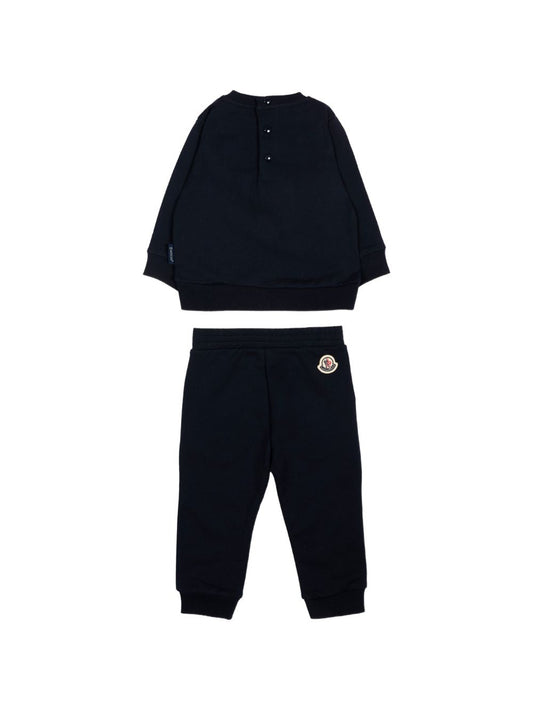 Completo felpa e pantalone blu con patch logo Moncler