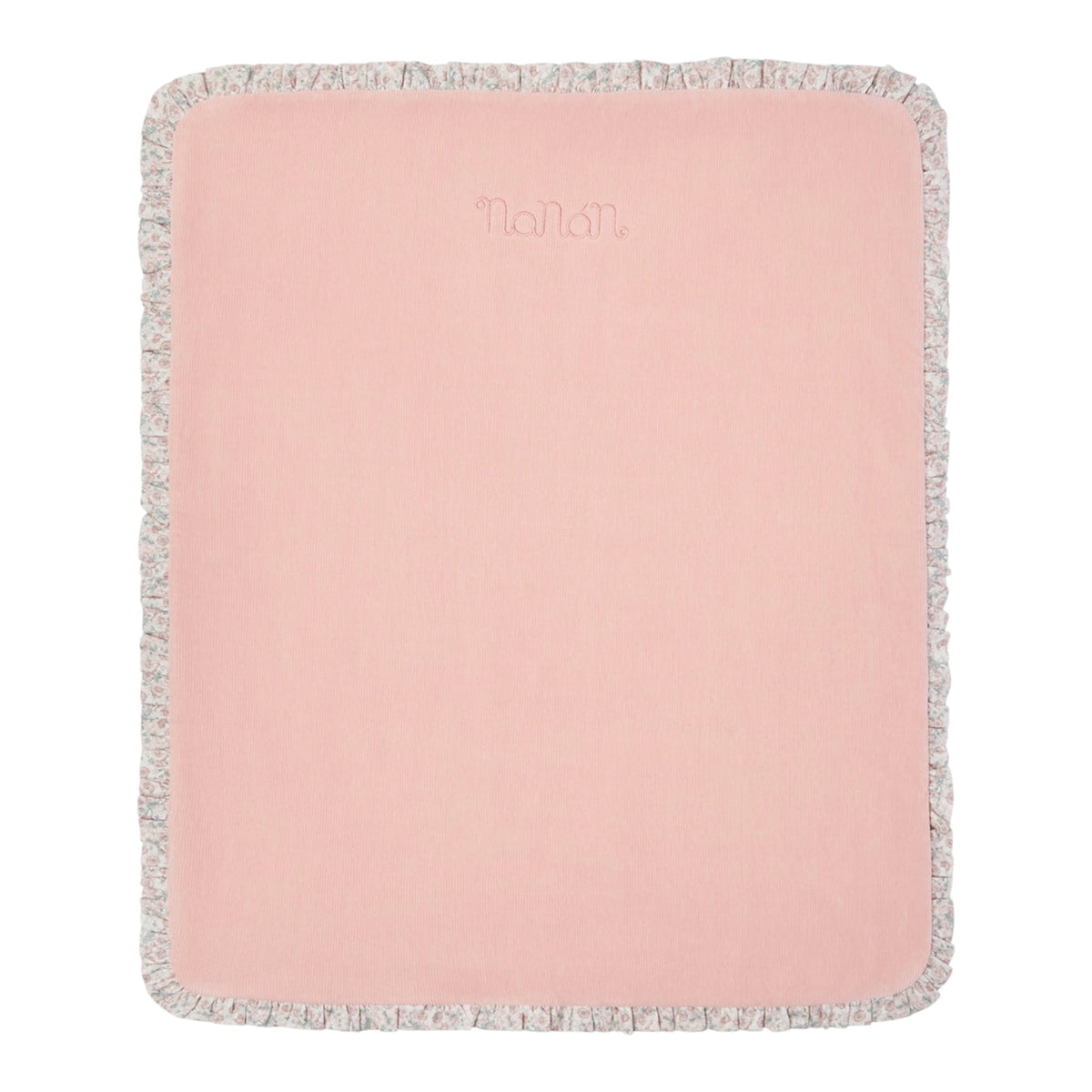 Coperta bicolore reversibile con rouches fiorellini e logo cucito Nanan