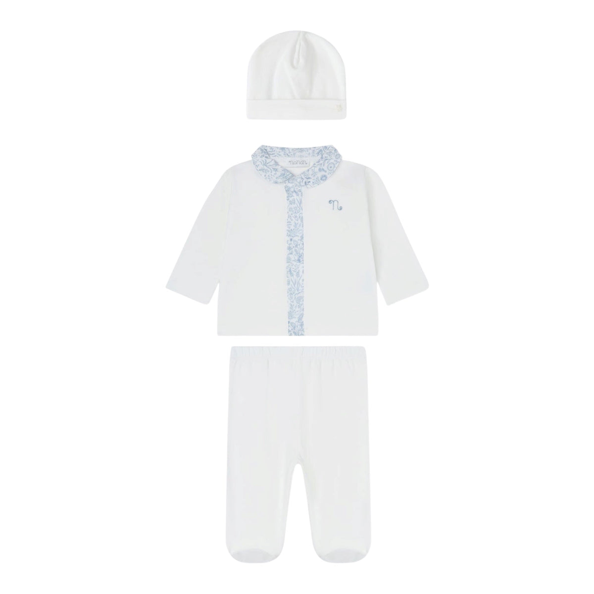Tutina 2 pezzi e cappello bianco in jersey e tessuto Liberty azzurro Nanan