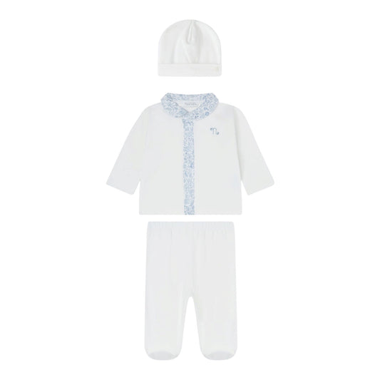 Tutina 2 pezzi e cappello bianco in jersey e tessuto Liberty azzurro Nanan