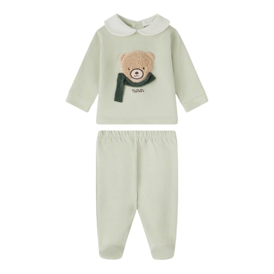 Completo 2 pezzi verde t-shirt e pantalone con patch orso Nanan