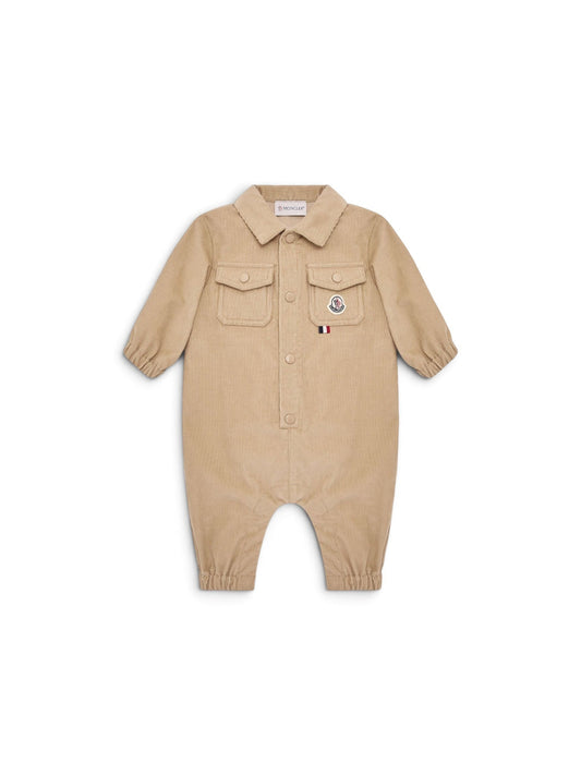 Tutina in velluto beige con dettaglio logo Moncler cucito frontale