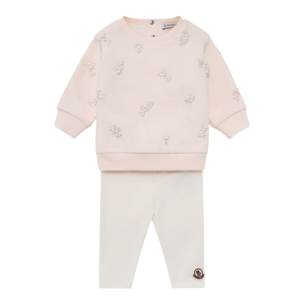 Completo felpa rosa e leggings bianco con ricami e patch logo Moncler