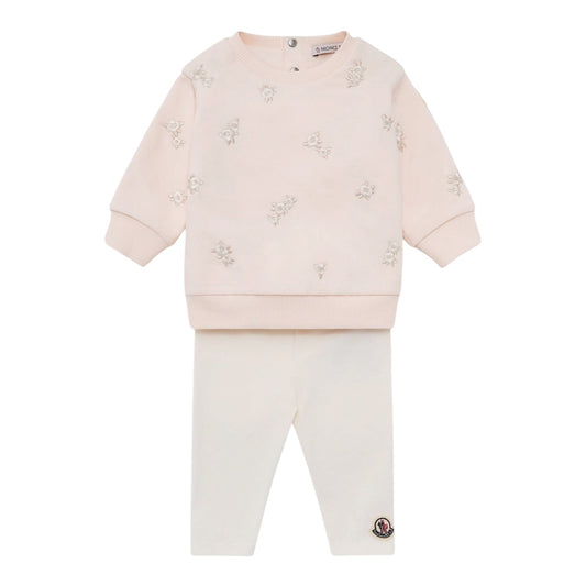 Completo felpa rosa e leggings bianco con ricami e patch logo Moncler