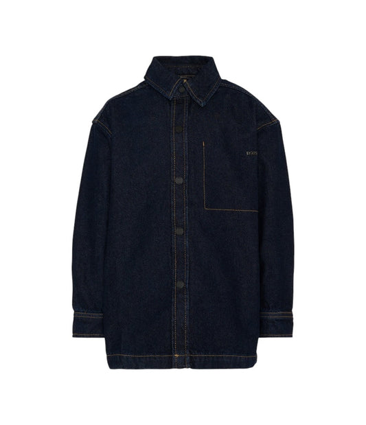 Giacca camicia in jeans blu con logo Boss applicato frontale