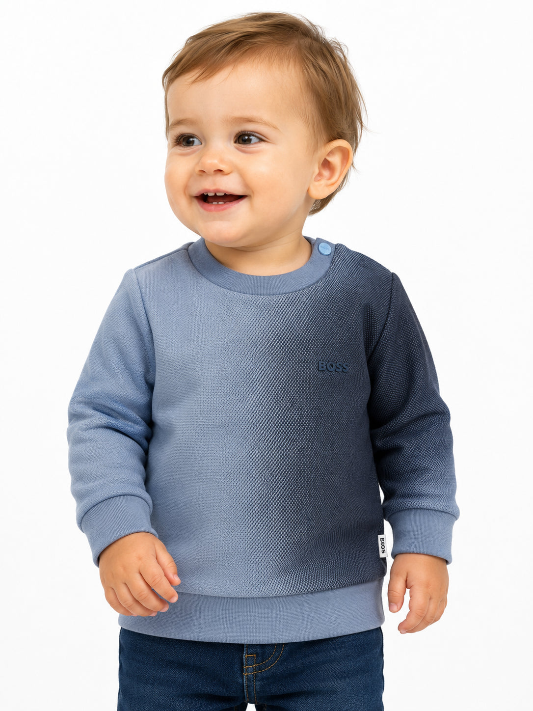 Felpa blu con sfumatura e dettagli logo Boss applicati frontale