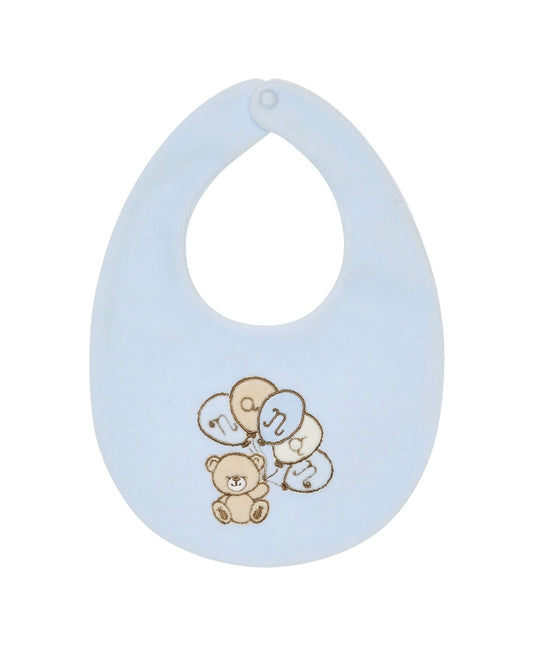 Bavaglino in ciniglia azzurro e logo Nanan con palloncini