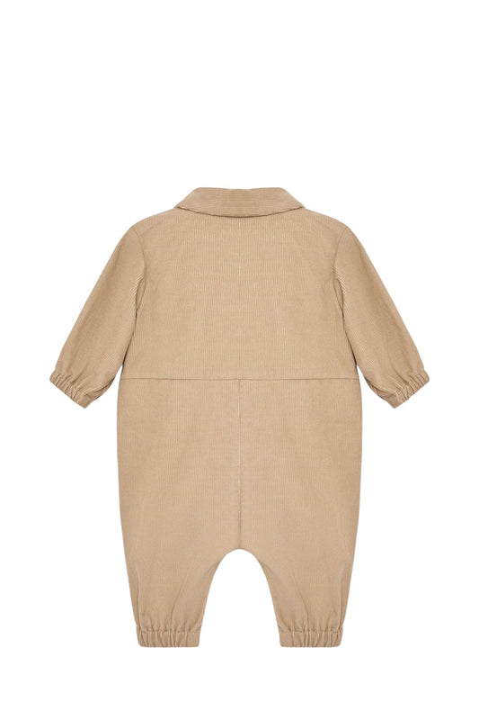 Tutina in velluto beige con dettaglio logo Moncler cucito frontale