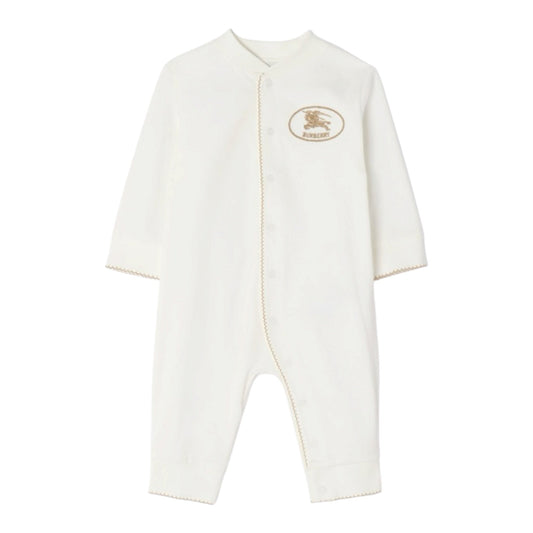 Tutina bianca con logo cucito Burberry a contrasto beige
