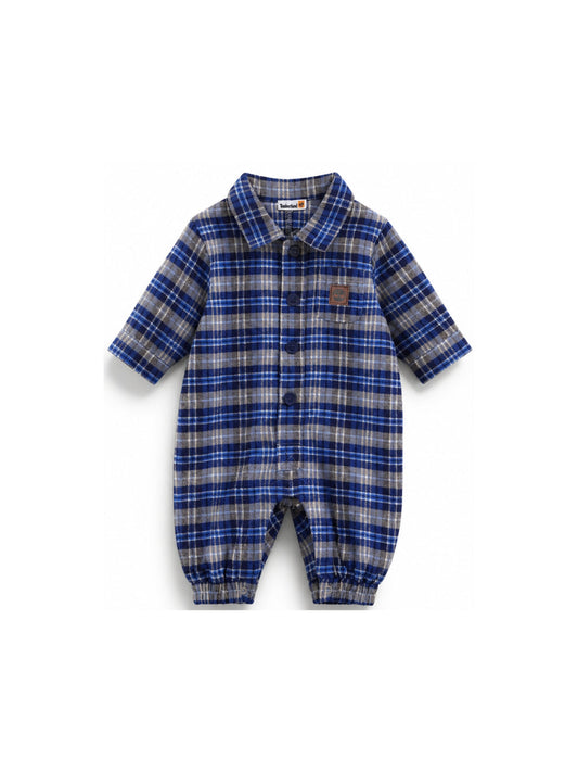 Tutina in flanella a quadri blu con dettagli logo Timberland