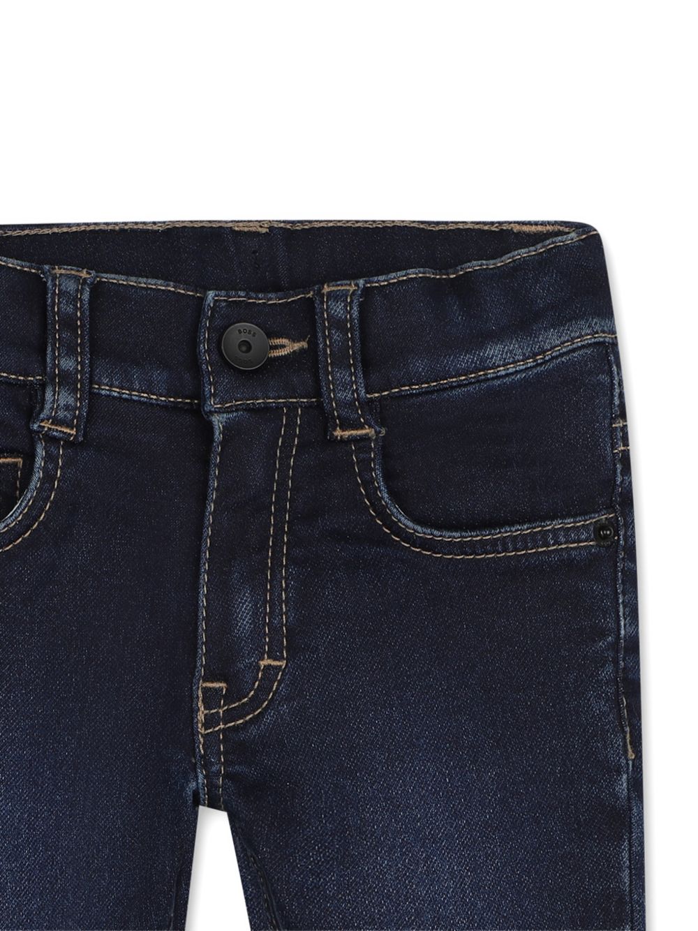 Jeans blu cinque tasche con patch logo Boss