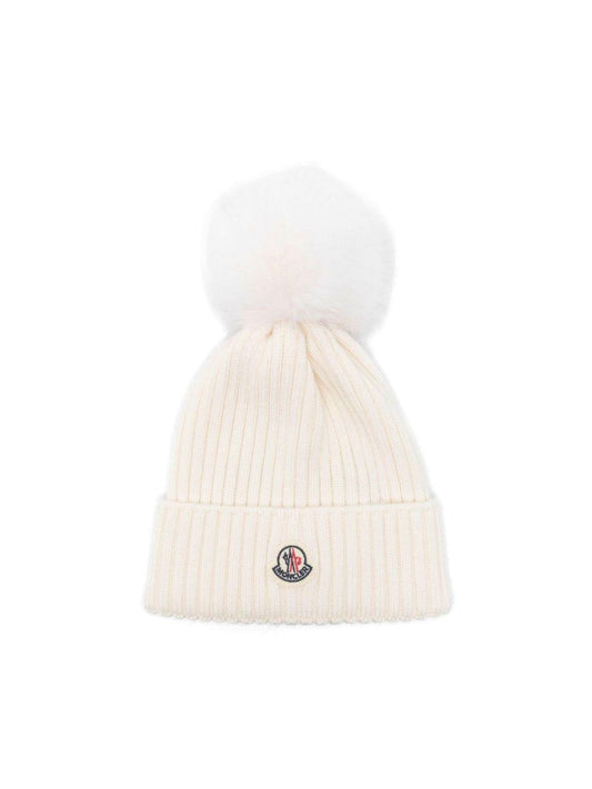 Cappello bianco con pompom e patch logo Moncler