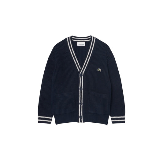 Cardigan blu ad intarsio con patch logo Lacoste