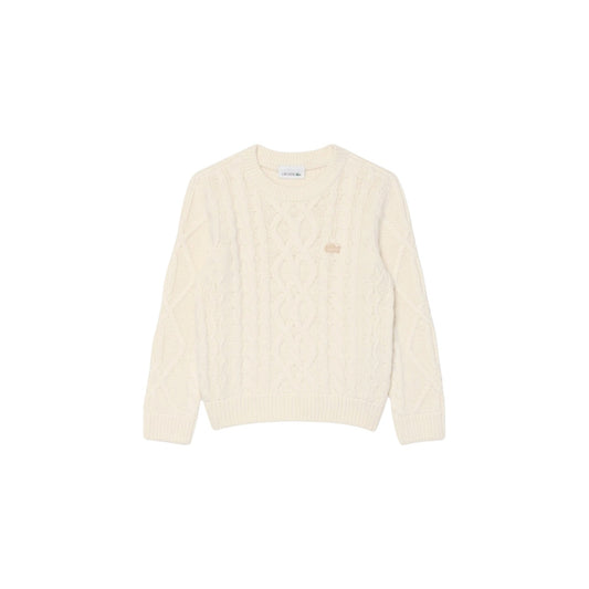 Maglione bianco ad intarsio con trecce e logo Lacoste