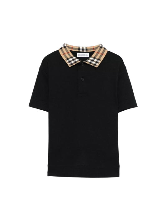 Polo nera con dettagli check Burberry