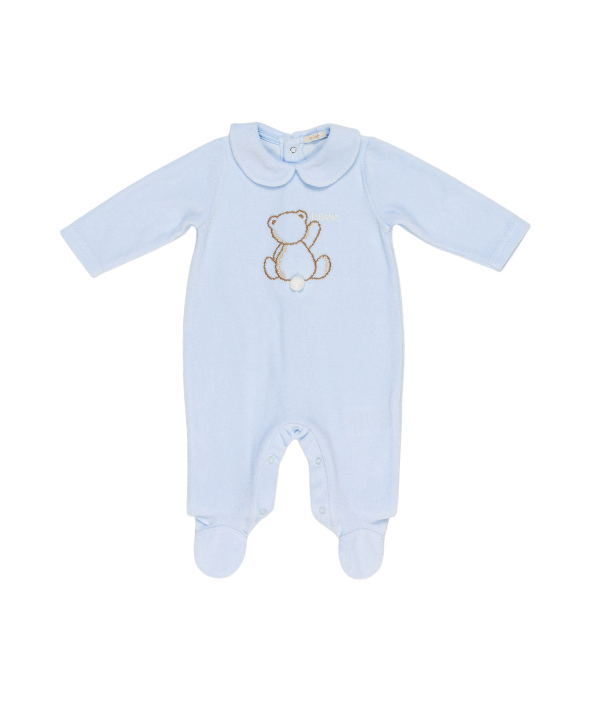 Tutina in ciniglia azzurra con patch orsetto e logo Le Bebé frontale