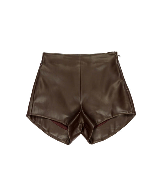 Pantaloncino in ecopelle marrone con dettagli logo Lulu