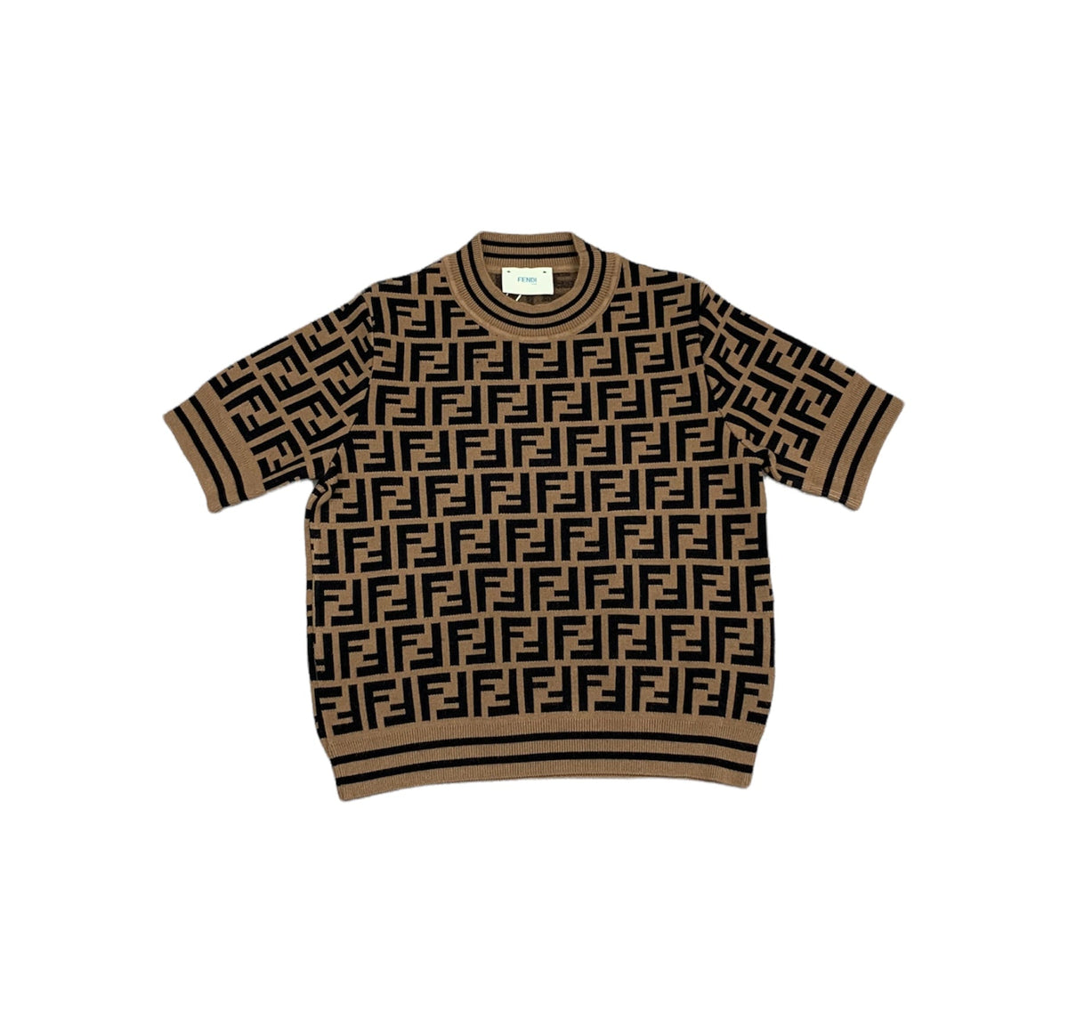 Top in maglia marrone con logo FF Fendi a contrasto